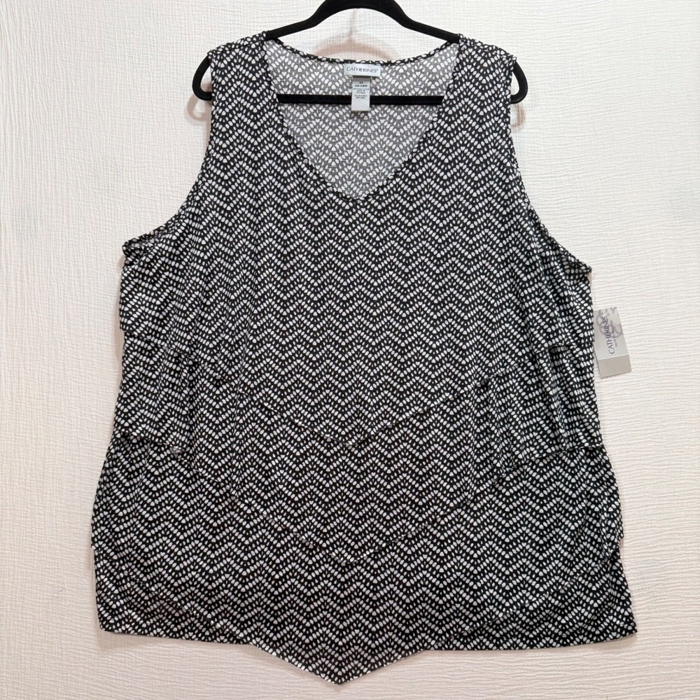 Catherines Tank‎ Top Womens 3X Black White Geometric Sharkbite V-Neck Office